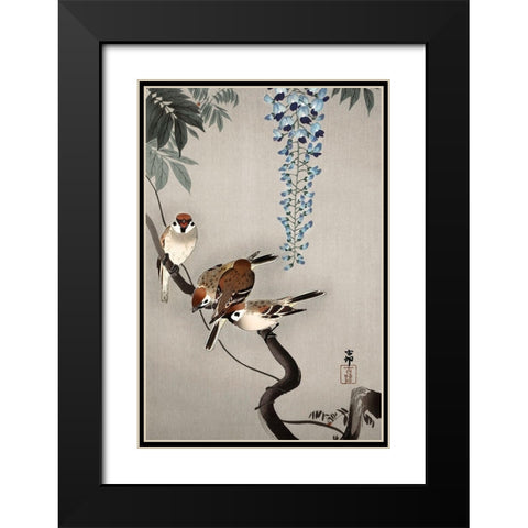 Ring sparrows at wisteria Black Modern Wood Framed Art Print with Double Matting by Koson, Ohara