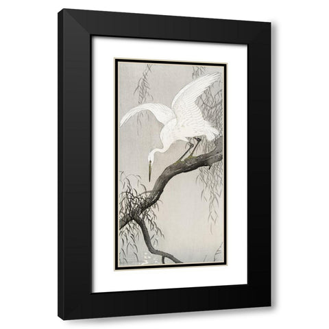 White heron on tree branch Black Modern Wood Framed Art Print with Double Matting by Koson, Ohara