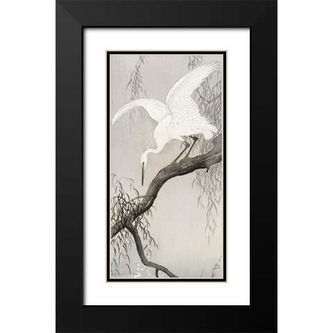 White heron on tree branch Black Modern Wood Framed Art Print with Double Matting by Koson, Ohara
