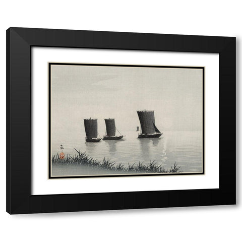 Fishing boats Black Modern Wood Framed Art Print with Double Matting by Koson, Ohara