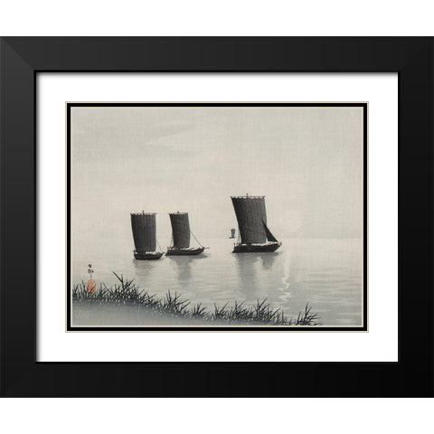 Fishing boats Black Modern Wood Framed Art Print with Double Matting by Koson, Ohara