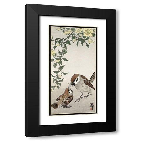 Birds and plants Black Modern Wood Framed Art Print with Double Matting by Koson, Ohara