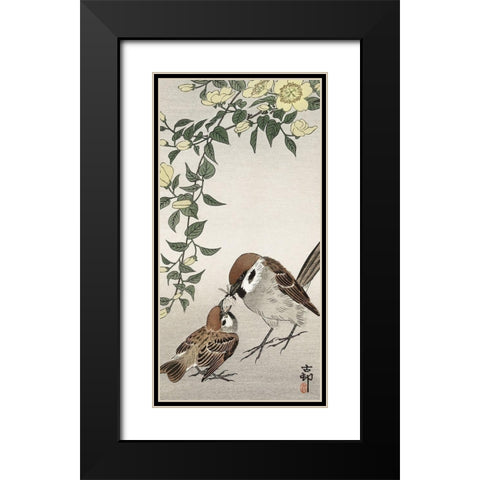 Birds and plants Black Modern Wood Framed Art Print with Double Matting by Koson, Ohara