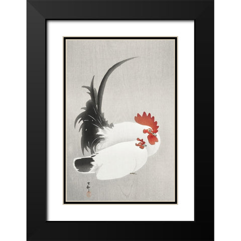 Rooster and hen Black Modern Wood Framed Art Print with Double Matting by Koson, Ohara