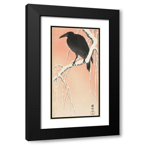 Crow on snowy branch Black Modern Wood Framed Art Print with Double Matting by Koson, Ohara
