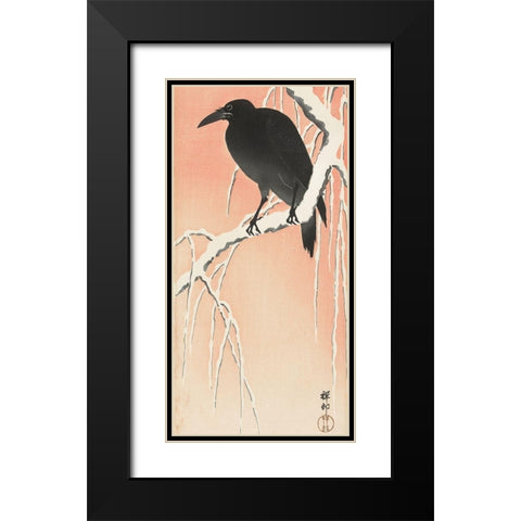 Crow on snowy branch Black Modern Wood Framed Art Print with Double Matting by Koson, Ohara