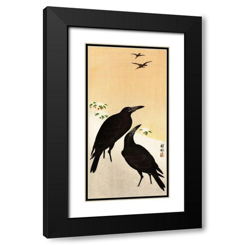 Crows in snow Black Modern Wood Framed Art Print with Double Matting by Koson, Ohara