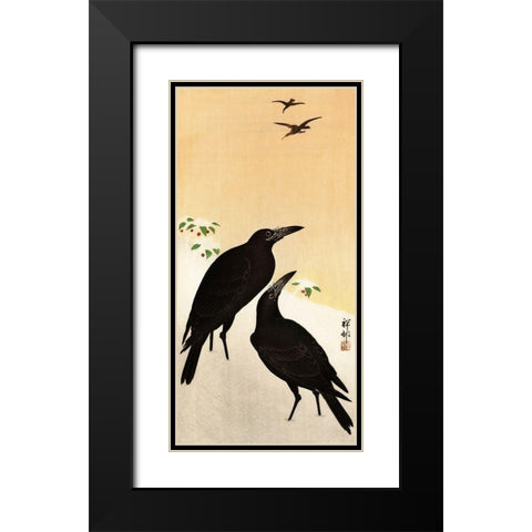 Crows in snow Black Modern Wood Framed Art Print with Double Matting by Koson, Ohara