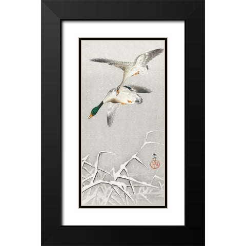 Two wild ducks in flight Black Modern Wood Framed Art Print with Double Matting by Koson, Ohara