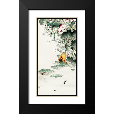 Frog and tadpoles Black Modern Wood Framed Art Print with Double Matting by Koson, Ohara