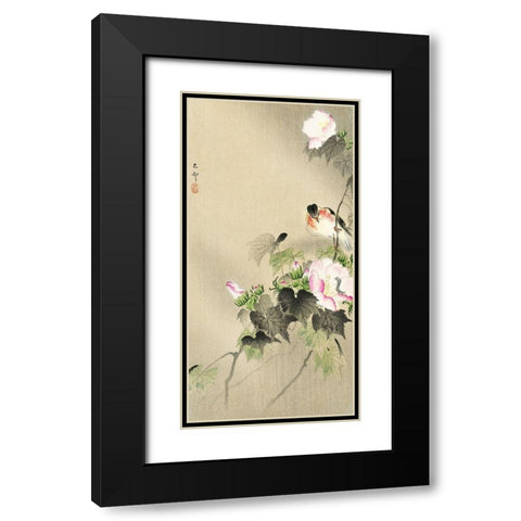 Bird and caterpillar Black Modern Wood Framed Art Print with Double Matting by Koson, Ohara