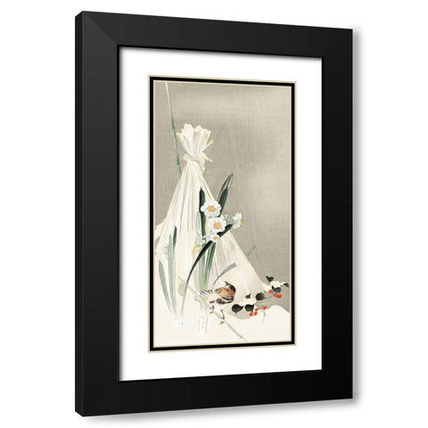 A bird with narcissus flowers and a hay bundle Black Modern Wood Framed Art Print with Double Matting by Koson, Ohara