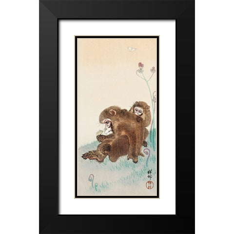 Two monkeys Black Modern Wood Framed Art Print with Double Matting by Koson, Ohara