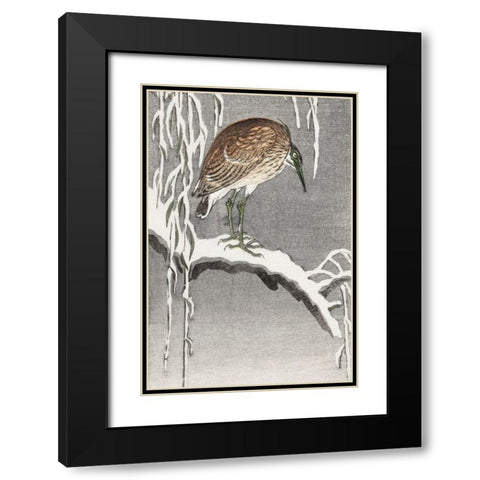 Heron on snowy tree branch Black Modern Wood Framed Art Print with Double Matting by Koson, Ohara