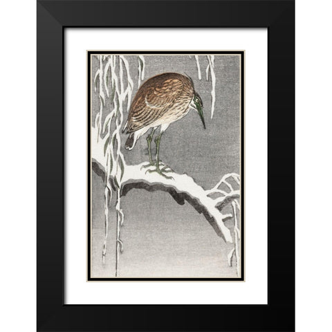 Heron on snowy tree branch Black Modern Wood Framed Art Print with Double Matting by Koson, Ohara