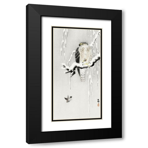 Hawk with captured ring sparrow Black Modern Wood Framed Art Print with Double Matting by Koson, Ohara