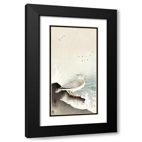 Gull on rock Black Modern Wood Framed Art Print with Double Matting by Koson, Ohara