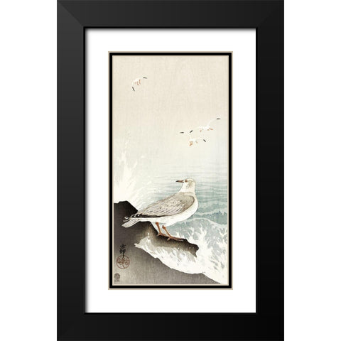 Gull on rock Black Modern Wood Framed Art Print with Double Matting by Koson, Ohara