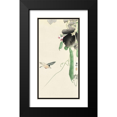 Bird at flowering bean plant Black Modern Wood Framed Art Print with Double Matting by Koson, Ohara
