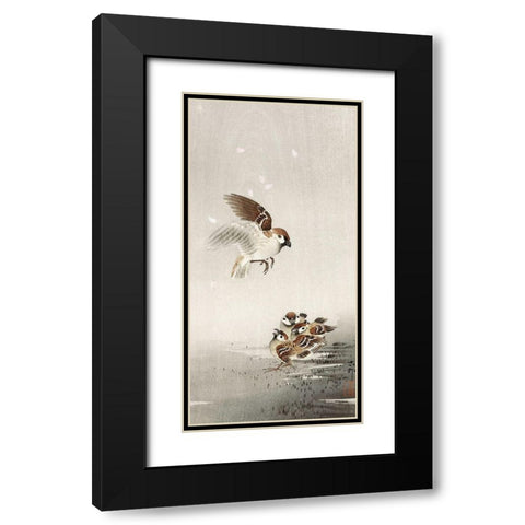 Tree sparrow with babies Black Modern Wood Framed Art Print with Double Matting by Koson, Ohara