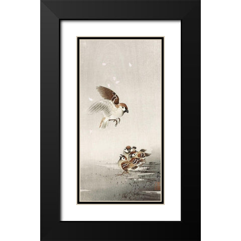 Tree sparrow with babies Black Modern Wood Framed Art Print with Double Matting by Koson, Ohara