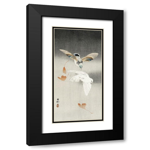 Two pigeons with falling ginkgo leaves Black Modern Wood Framed Art Print with Double Matting by Koson, Ohara