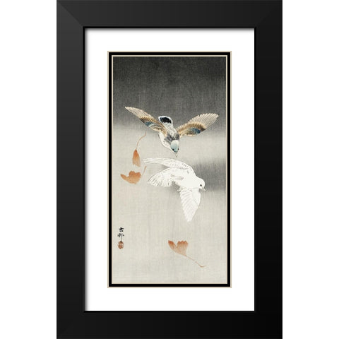 Two pigeons with falling ginkgo leaves Black Modern Wood Framed Art Print with Double Matting by Koson, Ohara