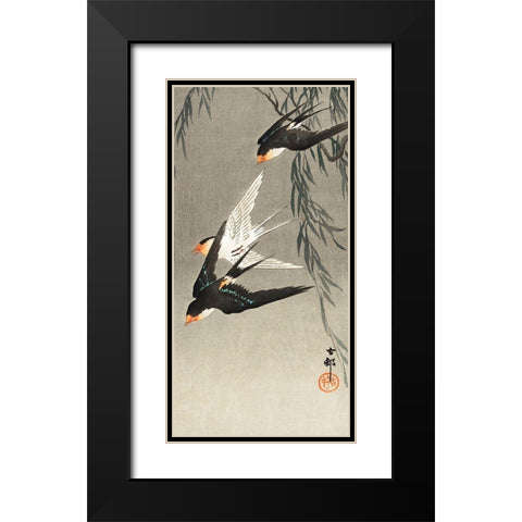 Three red-tailed swallows in dive Black Modern Wood Framed Art Print with Double Matting by Koson, Ohara