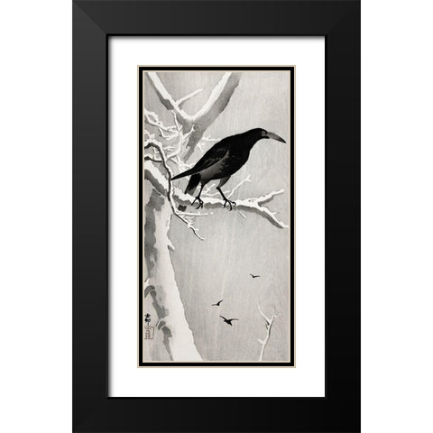 Crow on snowy tree branch Black Modern Wood Framed Art Print with Double Matting by Koson, Ohara