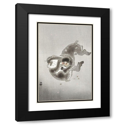Two playing monkeys Black Modern Wood Framed Art Print with Double Matting by Koson, Ohara