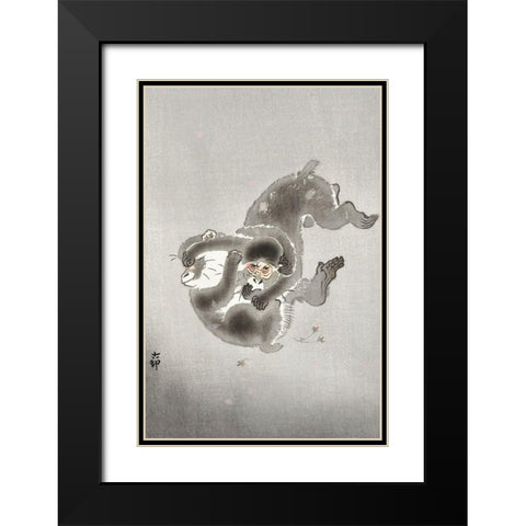 Two playing monkeys Black Modern Wood Framed Art Print with Double Matting by Koson, Ohara