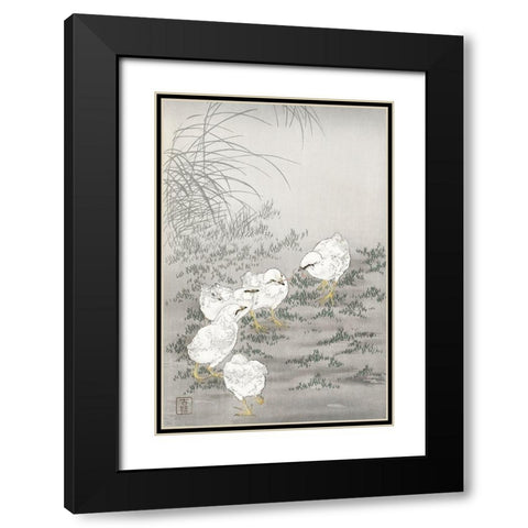 Five chicks Black Modern Wood Framed Art Print with Double Matting by Koson, Ohara