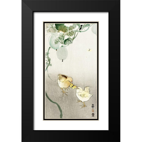 Two chicks fighting for a butterfly Black Modern Wood Framed Art Print with Double Matting by Koson, Ohara
