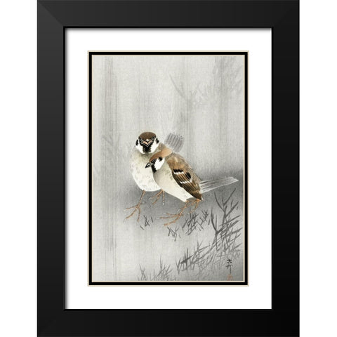 Two ring sparrows in the rain Black Modern Wood Framed Art Print with Double Matting by Koson, Ohara