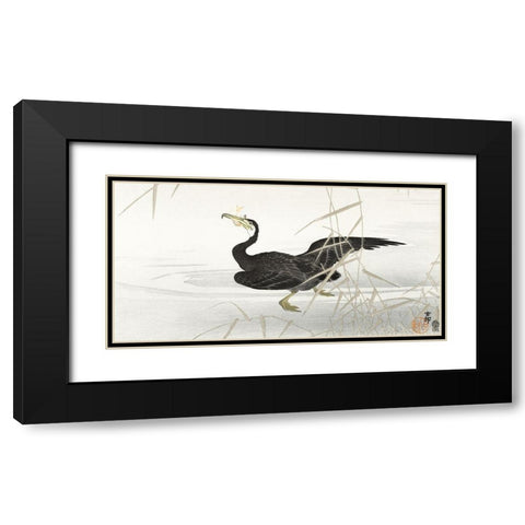 Japanese cormorant catching fish Black Modern Wood Framed Art Print with Double Matting by Koson, Ohara