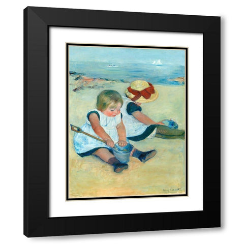 Children Playing on the Beach Black Modern Wood Framed Art Print with Double Matting by Cassatt, Mary