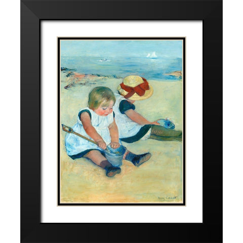 Children Playing on the Beach Black Modern Wood Framed Art Print with Double Matting by Cassatt, Mary