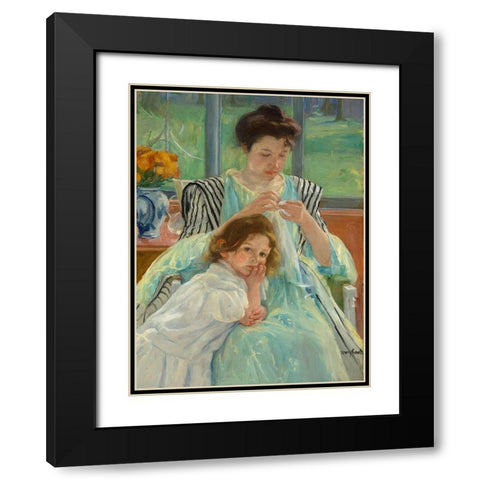 Young Mother Sewing Black Modern Wood Framed Art Print with Double Matting by Cassatt, Mary