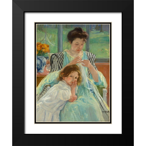 Young Mother Sewing Black Modern Wood Framed Art Print with Double Matting by Cassatt, Mary