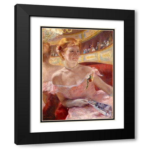 Woman with a Pearl Necklace in a Loge Black Modern Wood Framed Art Print with Double Matting by Cassatt, Mary