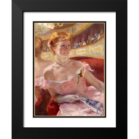 Woman with a Pearl Necklace in a Loge Black Modern Wood Framed Art Print with Double Matting by Cassatt, Mary