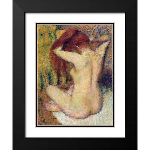 Woman Combing Her Hair Black Modern Wood Framed Art Print with Double Matting by Degas, Edgar