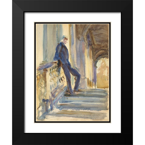 Sir Neville Wilkinson on the Steps of the Palladian Bridge at Wilton House Black Modern Wood Framed Art Print with Double Matting by Sargent, John Singer