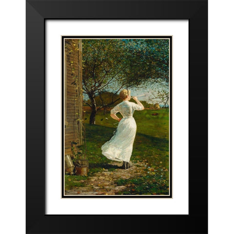 The Dinner Horn (Blowing the Horn at Seaside) Black Modern Wood Framed Art Print with Double Matting by Homer, Winslow