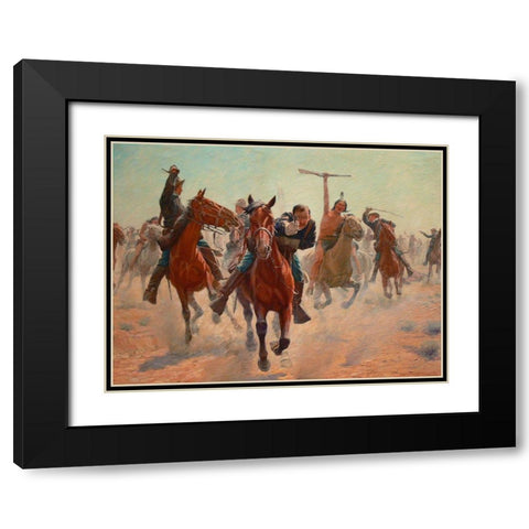 Gilcrease, Breaking through the line Black Modern Wood Framed Art Print with Double Matting by Schreyvogel, Charles