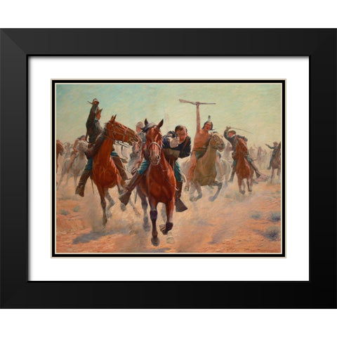 Gilcrease, Breaking through the line Black Modern Wood Framed Art Print with Double Matting by Schreyvogel, Charles