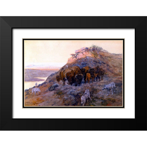 Buffalo Herd at Bay Black Modern Wood Framed Art Print with Double Matting by Russell, Charles Marion
