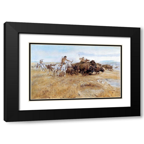 The Buffalo Hunt Black Modern Wood Framed Art Print with Double Matting by Russell, Charles Marion