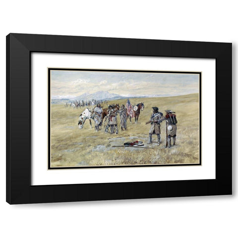 Captain Lewis Meeting the Shoshones Black Modern Wood Framed Art Print with Double Matting by Russell, Charles Marion