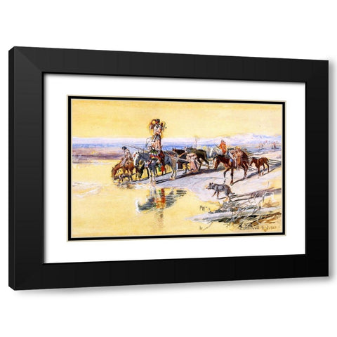 Indians Traveling on Travois Black Modern Wood Framed Art Print with Double Matting by Russell, Charles Marion